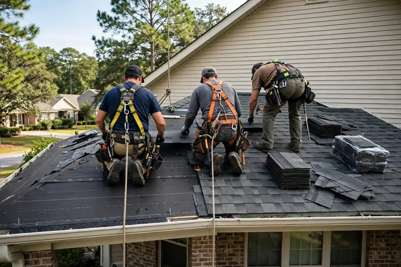 Roofing workers installing shingles on a residential roof